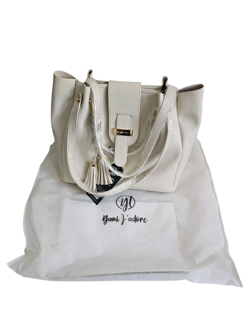 Cream Tote Purse Tassel Yani J'Adore Women 17"X14" Soft Faux Leather Gold Accent - Picture 3 of 16